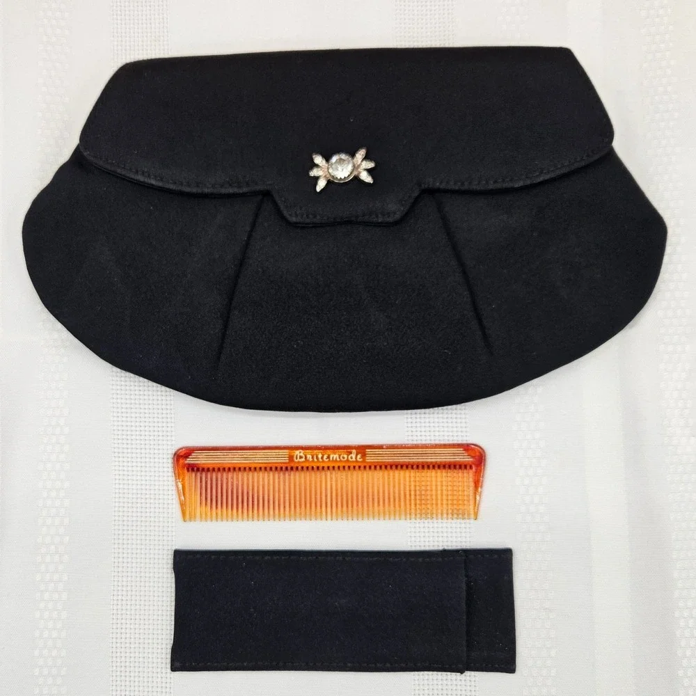 Vintage Britemode Black Fabric‎ Evening Clutch Rhinestone Starburst Accent MCM